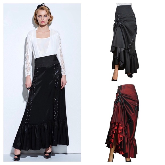 Red Silky Lace Up Trumpet Skirt - Picture 5 of 5